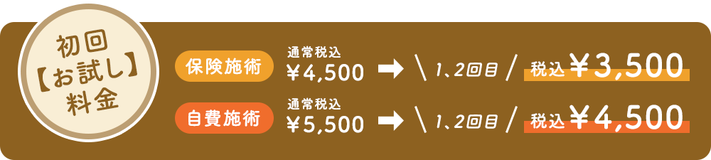 保険施術通常税込¥4,500➡1.2回目税込¥3,000自費施術通常税込¥5,500➡1.2回目税込¥4,000